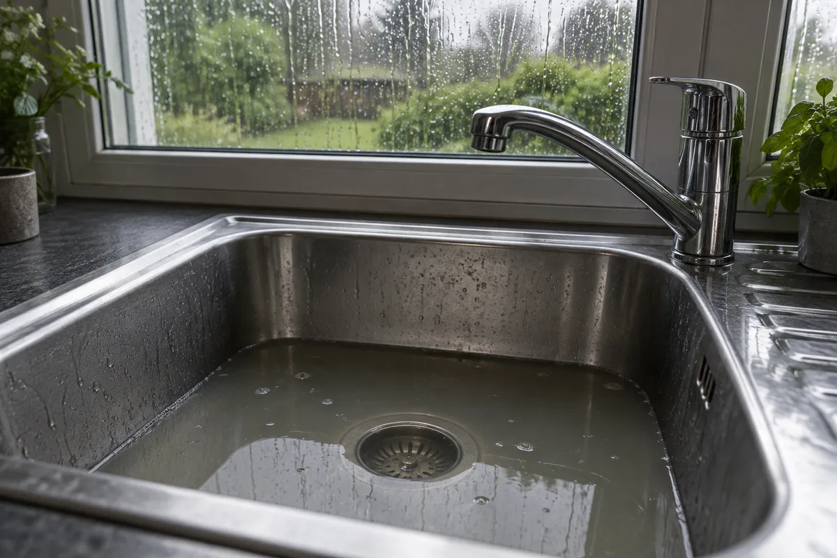 Évier de cuisine en inox où l&rsquo;eau grise stagne pendant que la pluie ruisselle sur la fenêtre