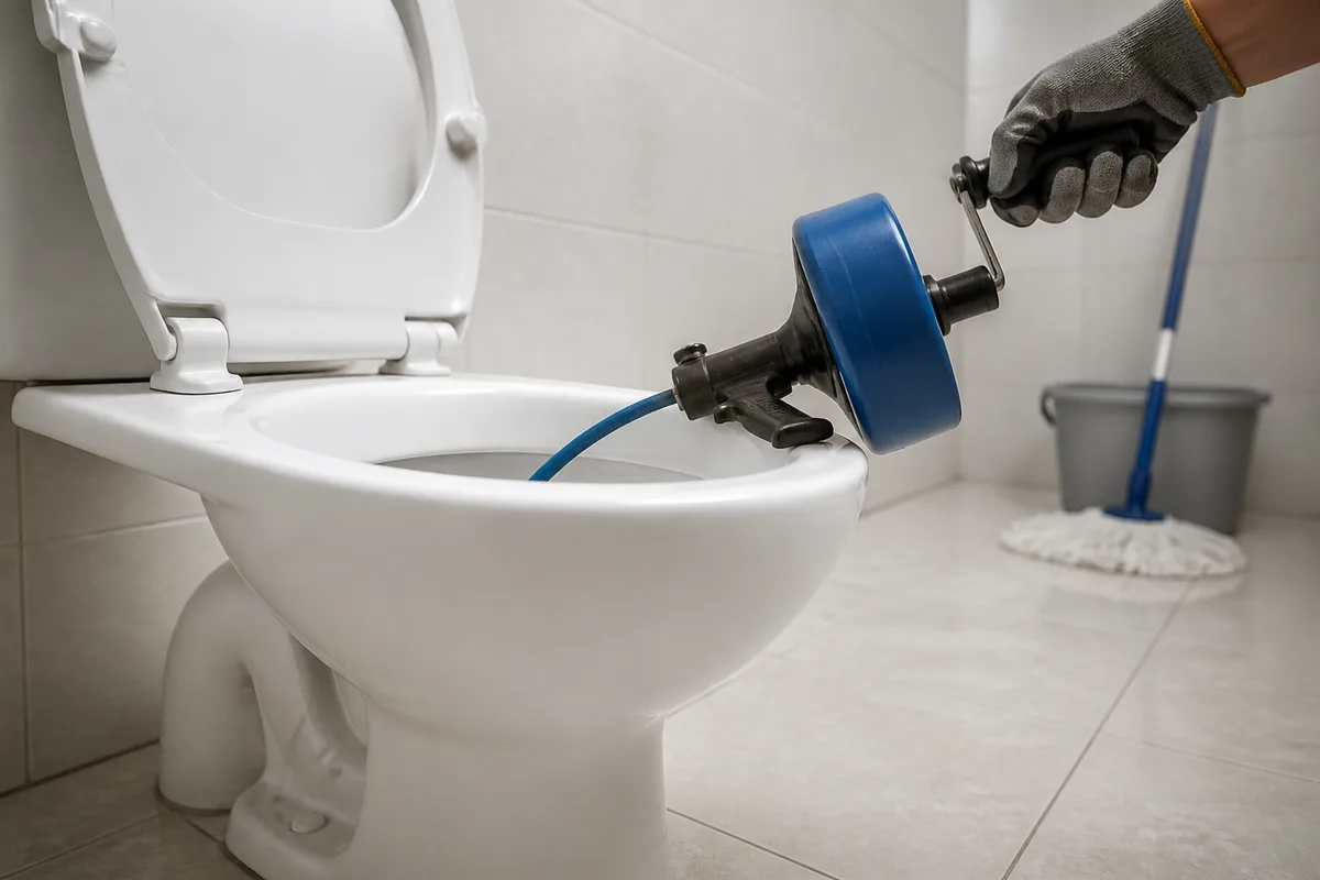 Furet à gaine plastique engagé dans le siphon d&rsquo;une cuvette de WC