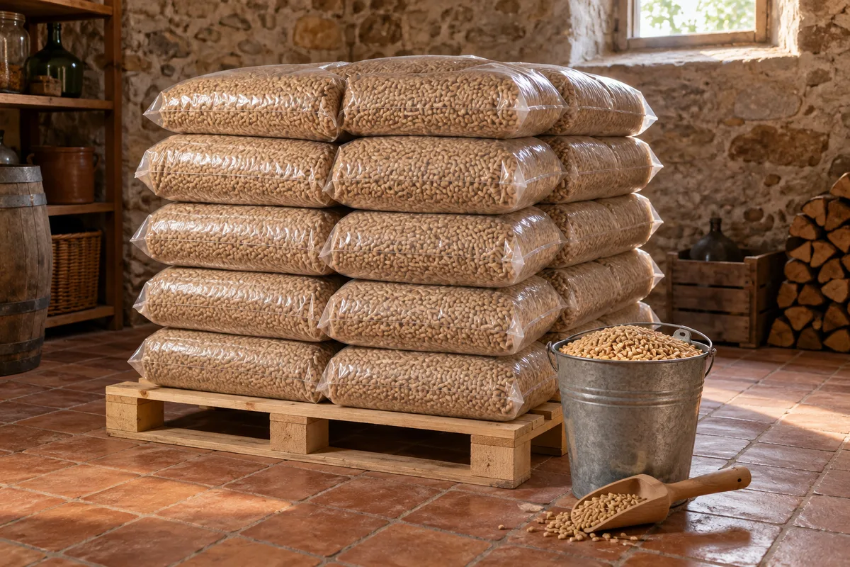 Sacs de granulés de bois empilés sur une palette dans un cellier aux murs de pierre