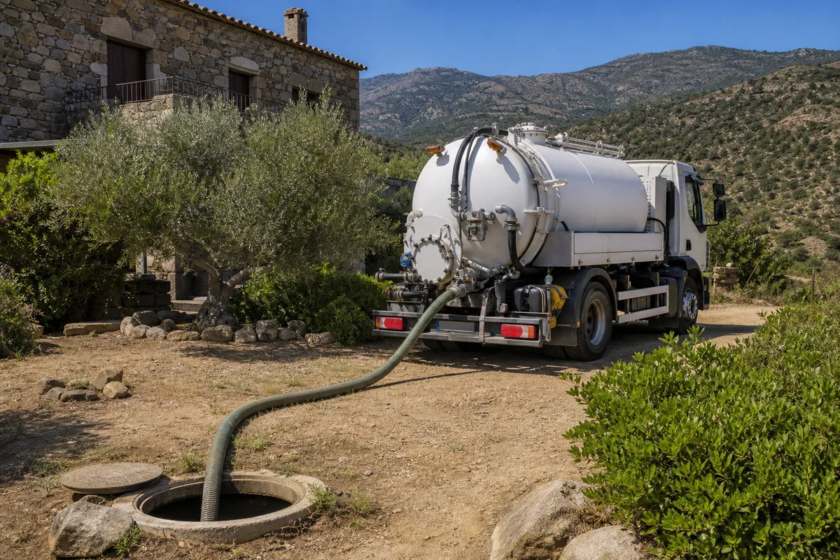 Camion hydrocureur intervenant pour une vidange de fosse devant une maison de la région de Bastia