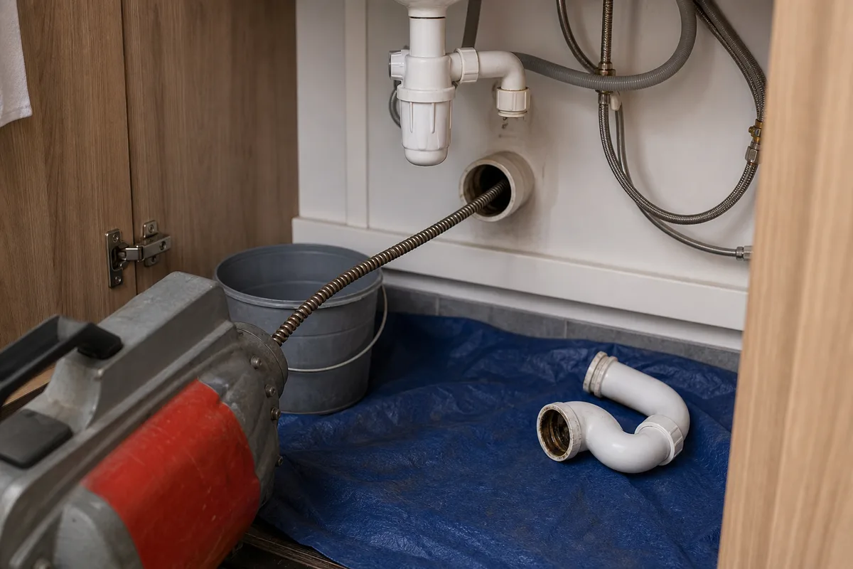 Furet électrique introduit dans une canalisation bouchée sous un évier lors d&rsquo;un débouchage