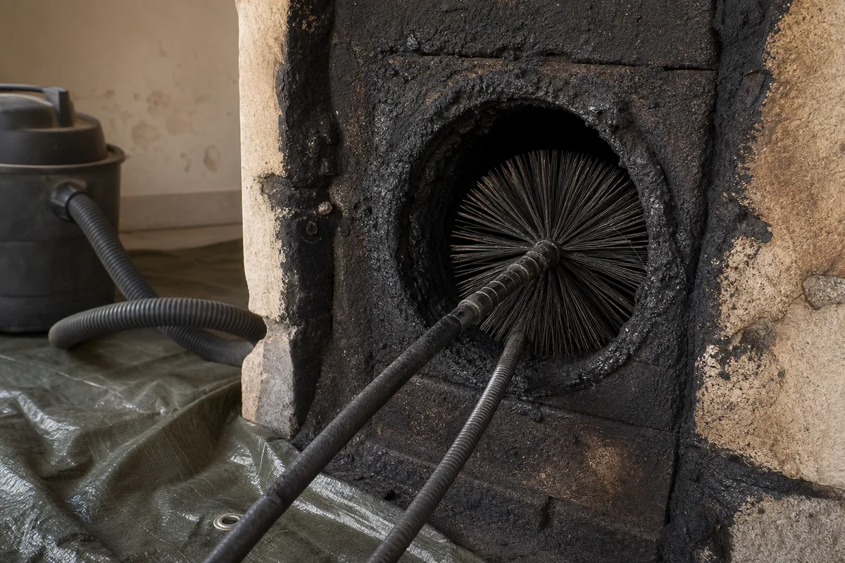 Ramoneur nettoyant un conduit de cheminée depuis le toit d&rsquo;une maison en pierre de Haute-Corse, hérisson métallique et matériel professionnel